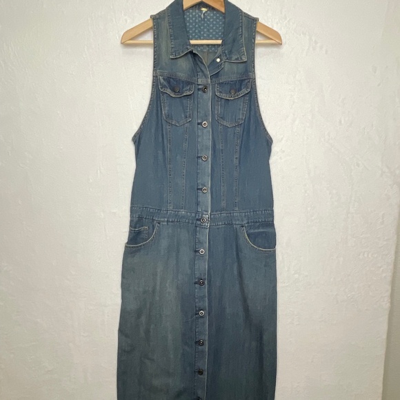 Free People Denim Maxi Dress Vintage Button Down Sleeveless Sz 12 - Picture 2 of 13